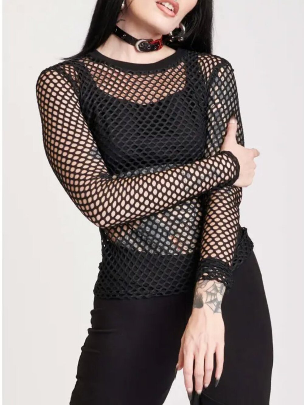 Full Tilt Black Fishnet Mesh Long Sleeve Crop Top Goth Grunge Festival Size XXL